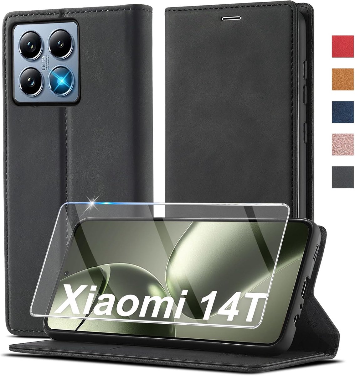 Leren hoes voor Xiaomi 14T, met beschermfolie, inklapbaar lederen flip wallet 360, stootvaste case, cover, beschermhoes, tas, hoes voor Xiaomi 14T, klaphoes