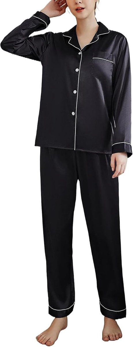 Pyjama dames lange satijnen pyjama set vrouwen met knoopsluiting V-hals tweedelige nachtkleding zachte zijde loungewear huispak