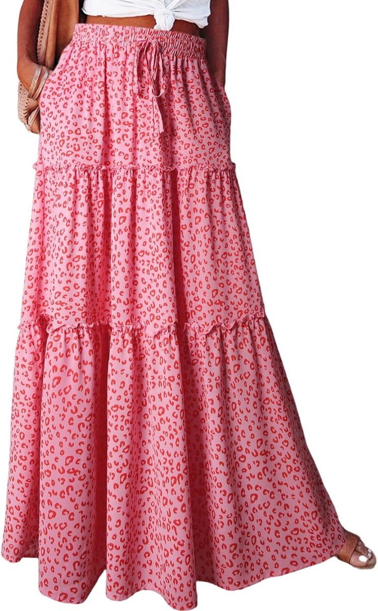 Rok voor dames, lang, boho, bloemen, hoge elastische taille, met zakken en riem, maxi rok, plooirok, strandrok, vrijetijdsrok