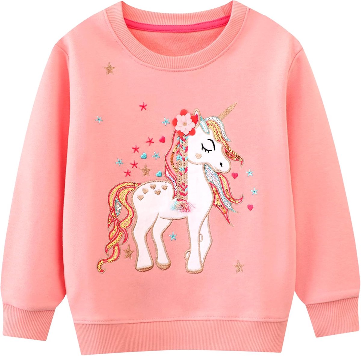 Sweatshirt voor Kinderen Baby Meisjes Lange Mouwen Tops T-Shirt Jumper Katoen Casual Eenhoorn Borduurwerk Regenboog Print Sweatshirt Pullover Peuter Leeftig 2-7 Jaar, Roze/Grijs
