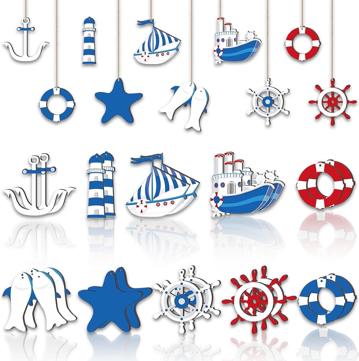 24 maritieme hangers, decoratieset, nautische motieven zoals zeester, anker, vuurtoren voor mini visnet, wanddecoratie, maritieme decoratie