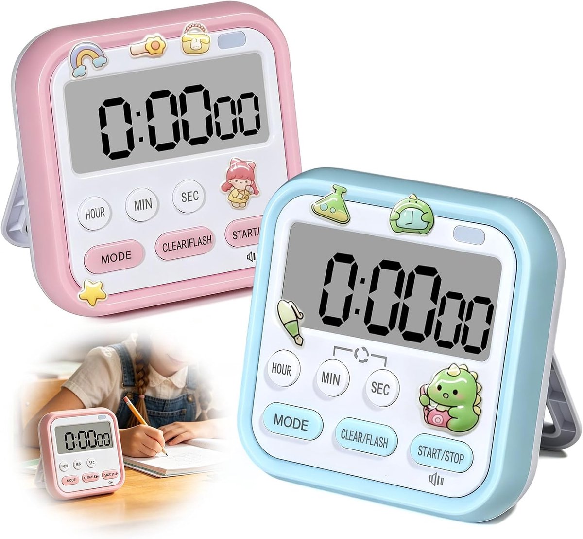 2 stuks digitale keukentimer, magnetische en stopwatch voor kinderen, luid alarm, groot lcd-display, voor koken, bakken en leren in de klas