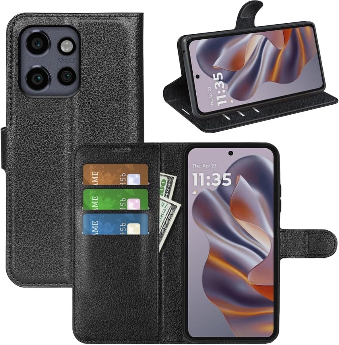 Beschermhoes voor Motorola Moto Edge 50 Neo, klaphoes van PU-leer en zacht silion, met kaartsleuven, magnetisch en standaard, schokbestendig, zwart
