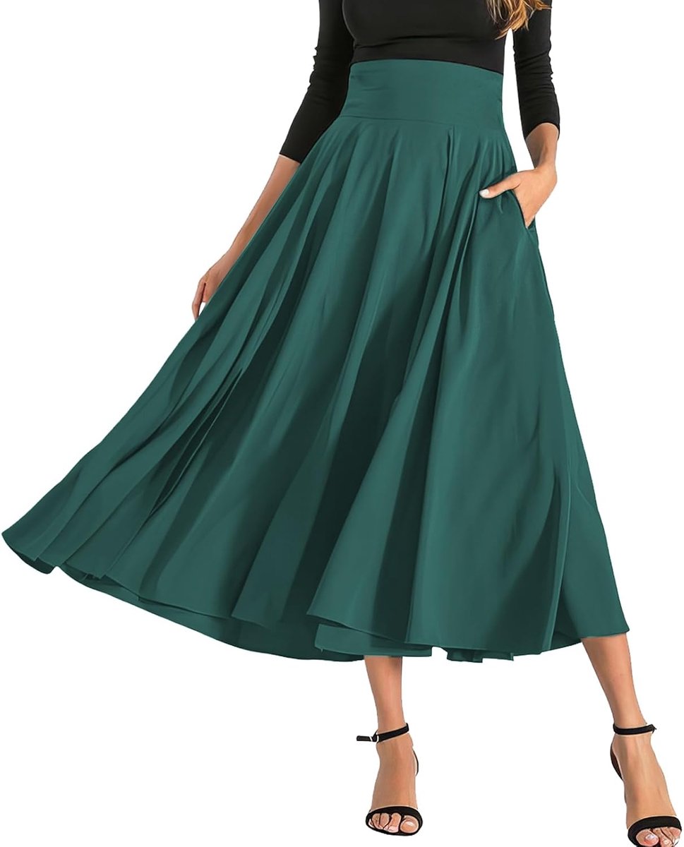 Plooirok voor dames, lange rok met hoge taille met strikplooien en split, eenvoudige retro rok, vloeiende zijden trapeziumrok