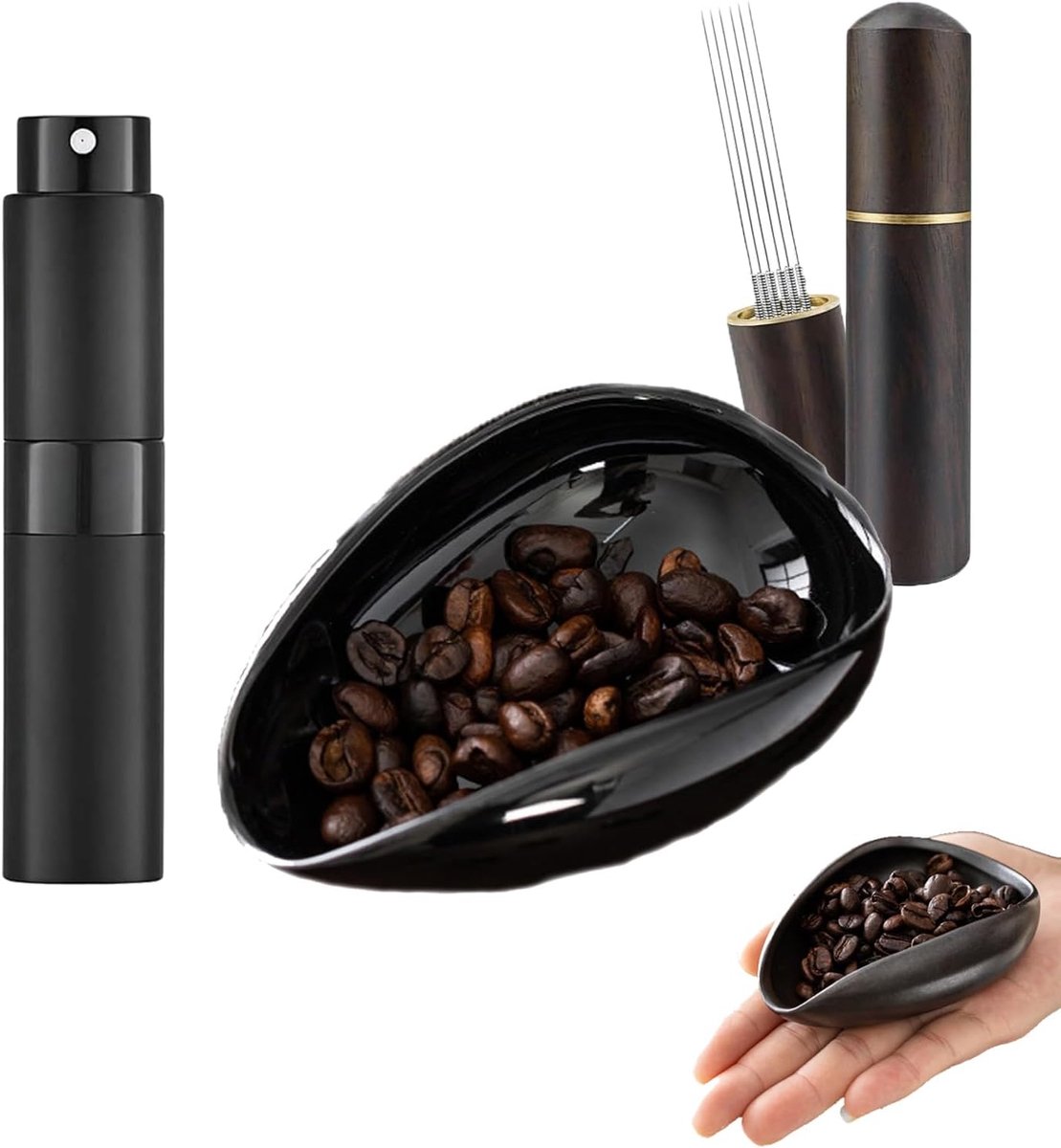 3 Stuks Koffiebonen Doseerbeker Set, Keramische Koffie Doseerbeker met RDT Spray Fles, Koffie Doseerbeker voor Thuis, voor Koffie, Thee, Zetten, Zwart