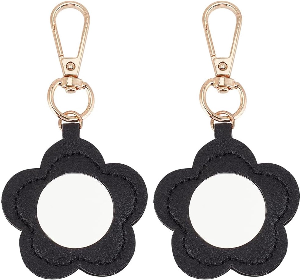 2 sleutelhangers, bloemenmake-upspiegel voor dames, draagbaar, PU-leer, bloemenhanger, kering, mini-sleutelhanger, schattig, met sluiting van goudlegering, voor handtas (zwart)