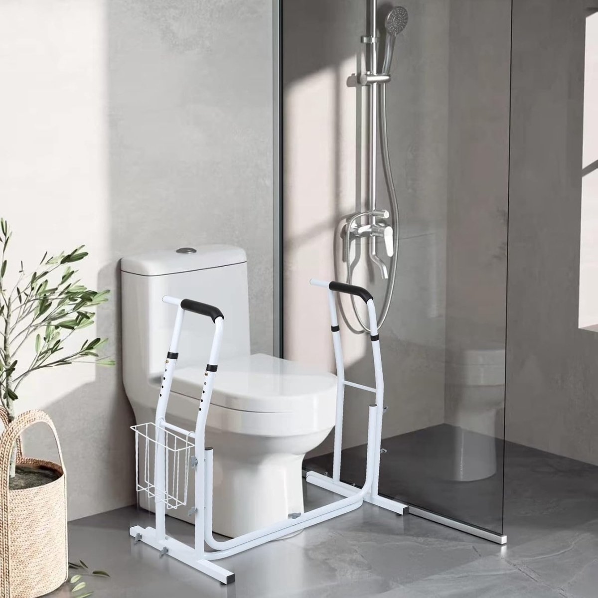 Hoogte verstelbaar, opstahulp, toilet, mobiele wc, opstahulp met opbergmand, toilet, opstahulp, antislip, toiletsteunframe voor senioren, belastbaar tot 136 kg
