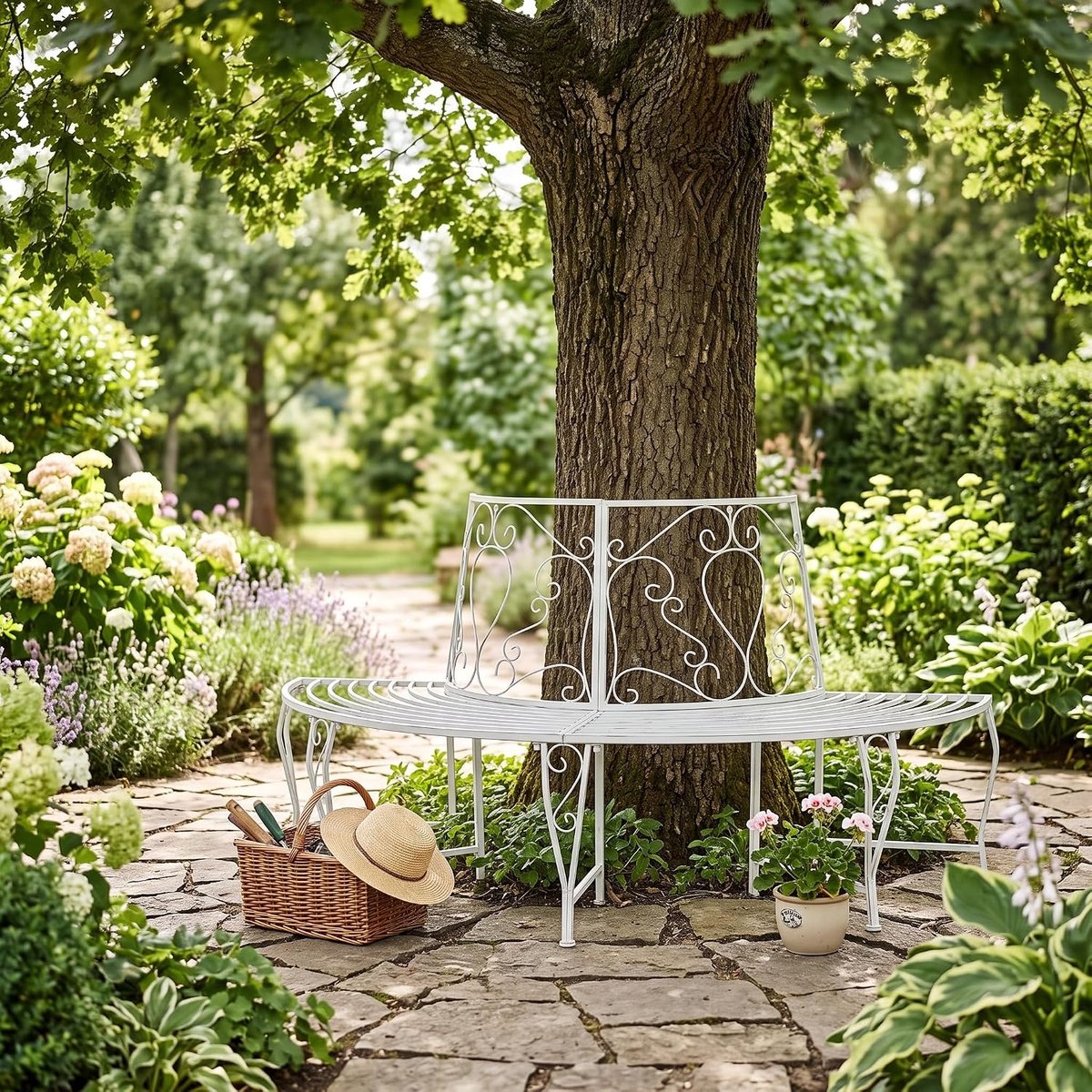 Boombank tuinbank, staal antiek wit halfrond met hart rugleuning weerbestendig 160x80x89 cm 4 zitplaatsen voor terras erf park