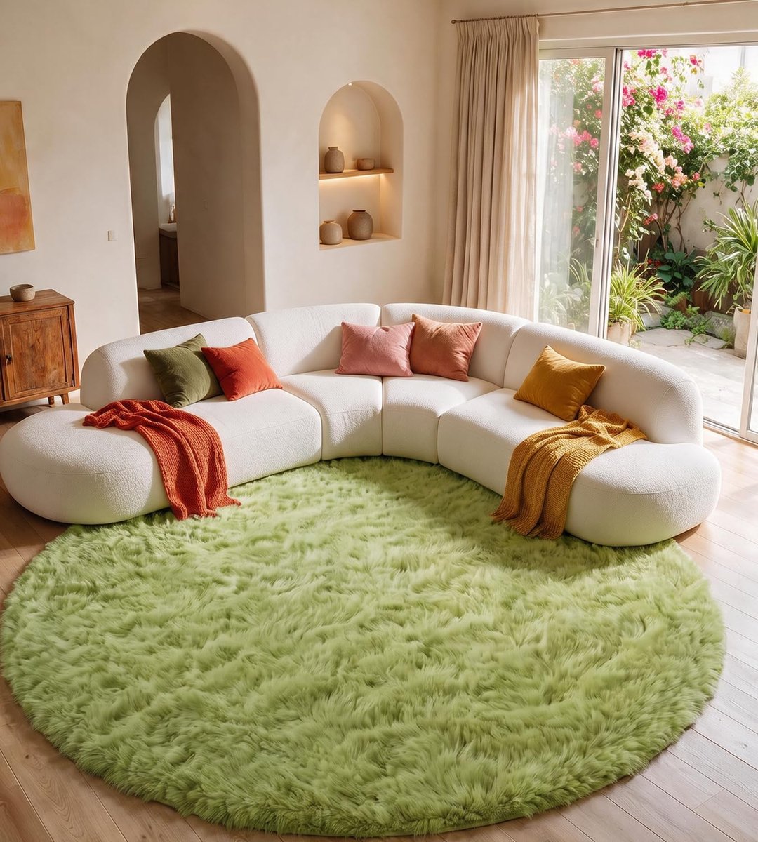 Vloerkleed, rond, woonkamer, 150 cm, groen, slaapkamer, hoogpolig, wasbaar, antislip, zacht, wollig, modern