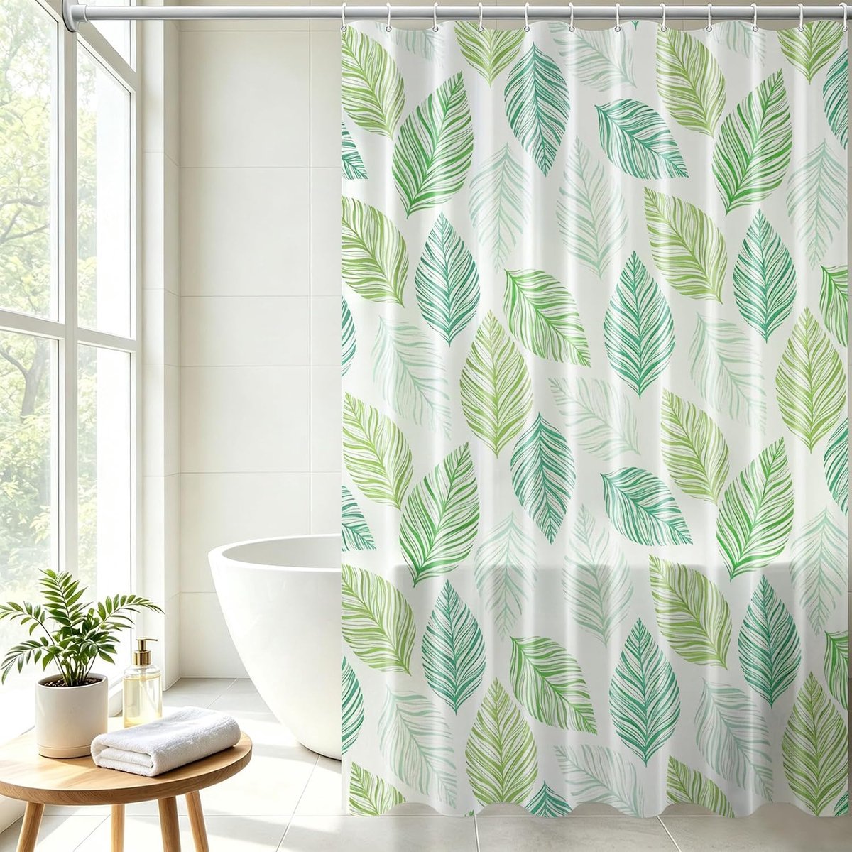lang douchegordijn, 200 cm, 200 x 200 cm, waterdicht, schimmelvrij, voor badkamer, groene bladeren, douchegordijn voor vochtige ruimtes, met oogjes en haken, wasbaar