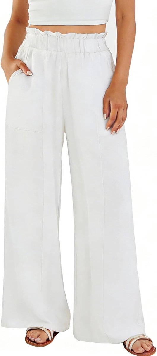 Zomerbroek voor dames, linnen, licht, brede broek, hoge taille, elastisch, palazzo-broek, casual, strand, met zakken