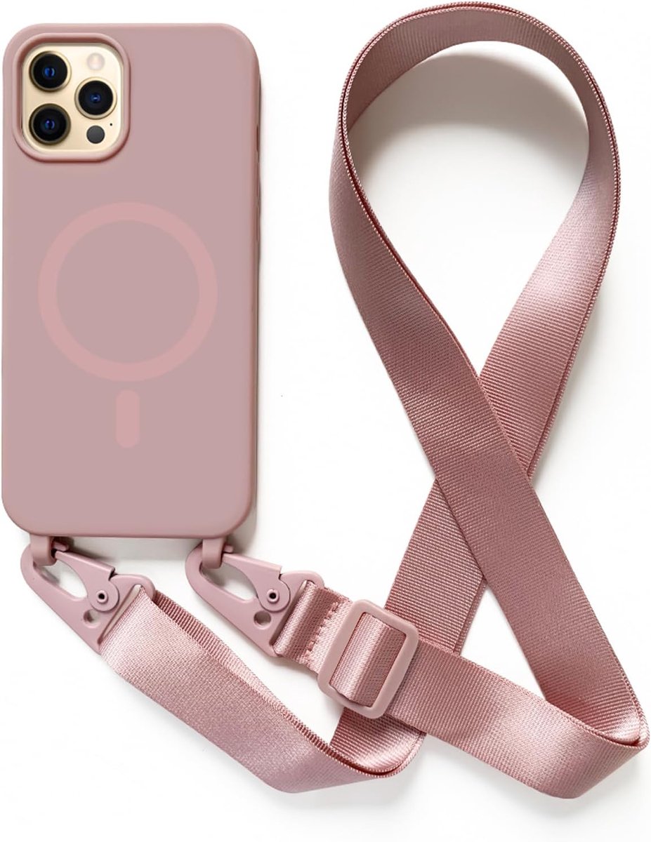 Telefoonketting Hoes Compatibel met iPhone 12 Pro Max 6,7" Hoes Magnetisch met Band, Halsketting Beschermhoes voor Draadloos Opladen Siliconen Hoes Halsband Lanyard Schokbestendige Telefoonhoes