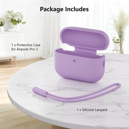 hoes compatibel met AirPods Pro 3e generatie, rondom bescherming, siliconen beschermhoes voor AirPods Pro 3 met trekkoord, zichtbare LED aan de voorkant, lavendel — afbeelding 5
