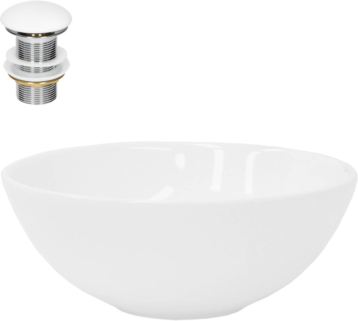 Keramische waskom in glanzend wit Ø 28x11,6 cm met afvoergarnituur ronde opzetkom zonder overloop moderne wastafel voor de badkamer of gastentoilet compact en stijlvol design