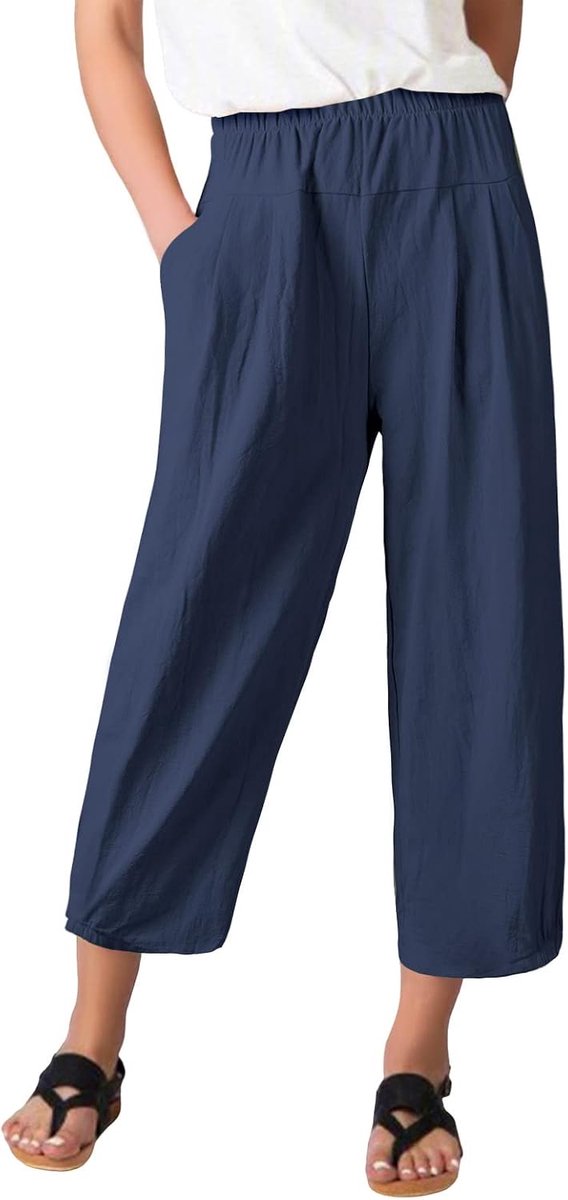 Casual Broek Zomer Katoen Linnen Bijgesneden Broek Brede Pijpen Losse Fit Elastische Taille Broek Harem Lounge Bottoms met Zakken