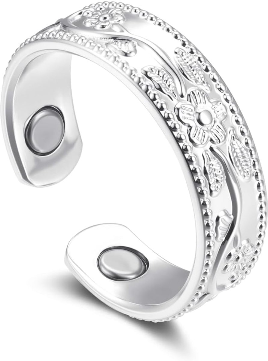 Ring, 2026 zilveren magnetische ring voor dames, anti-angst ring met magneten, enkel/bloem/hart/golven, verstelbare vitalring voor een betere slaap, magnetische ring voor