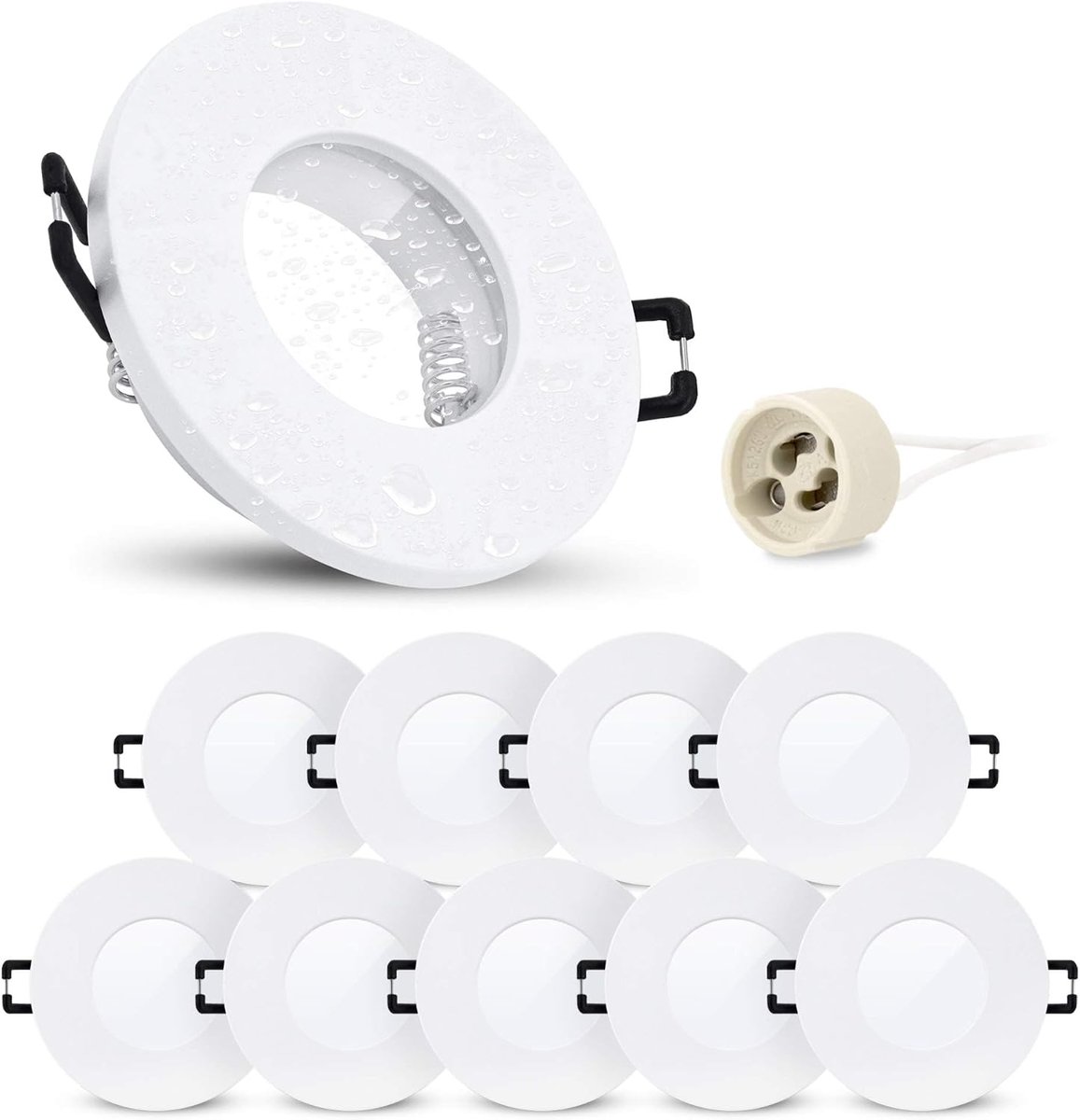 Linovum ISAWO Plafondinbouwspots, 10 stuks, incl. GU10-fitting, inbouwframe IP65, wit, rond voor badkamer en buiten