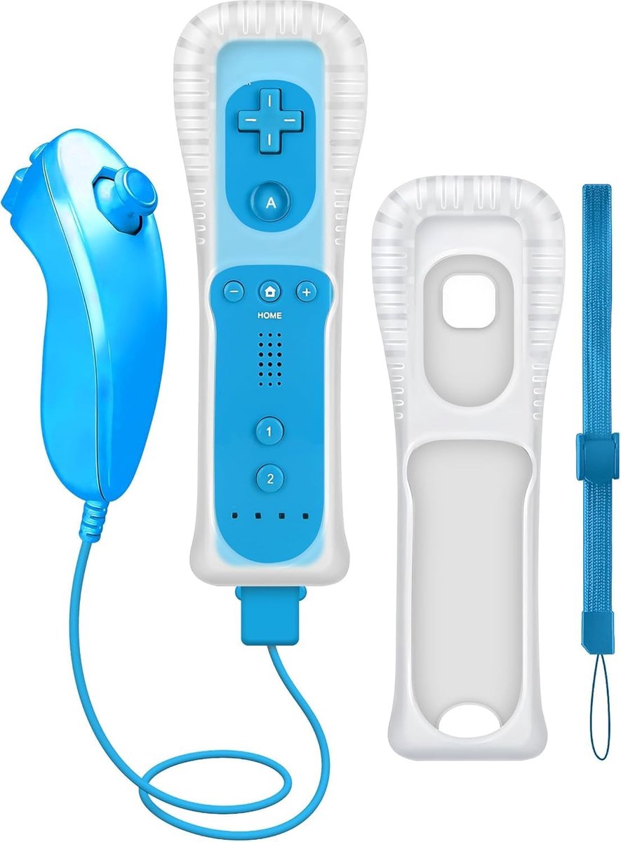 (1 set, 4 stuks, blauw) vervangende afstandsbedieningsset voor Nintendo Wii/Wii U-consoles met Motion Plus, 1 stuk (afstandsbedieningen + analoge joysticks + siliconen hoes + polsband)