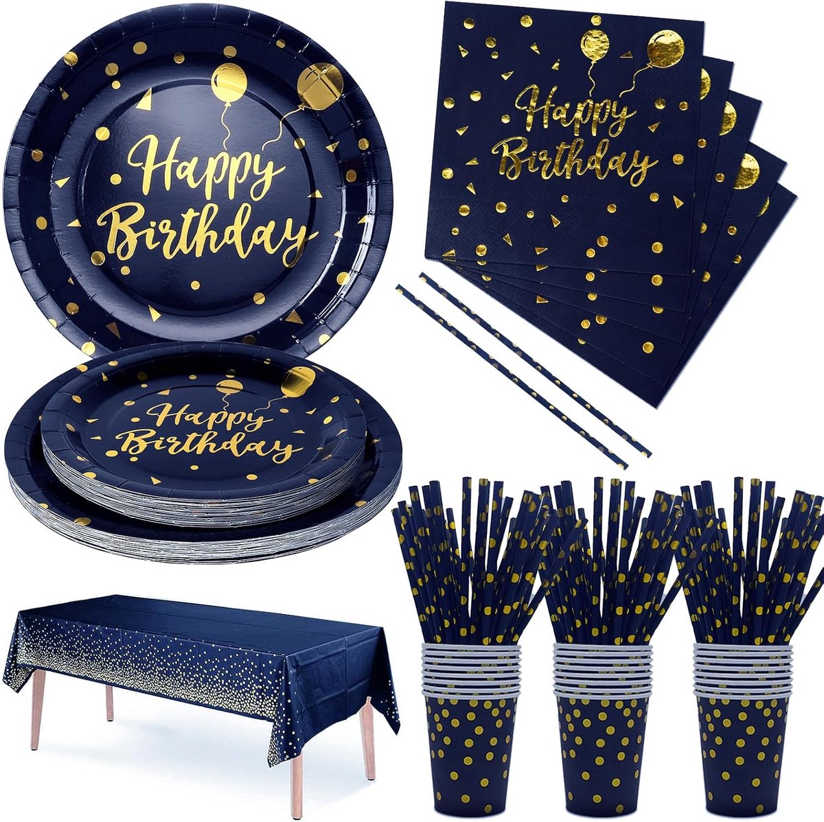 Verjaardagsfeestservies, marineblauw, goud, 121-delige papieren set bevat borden, servetten, mokken, accessoires voor feestdecoratie, 24 gasten