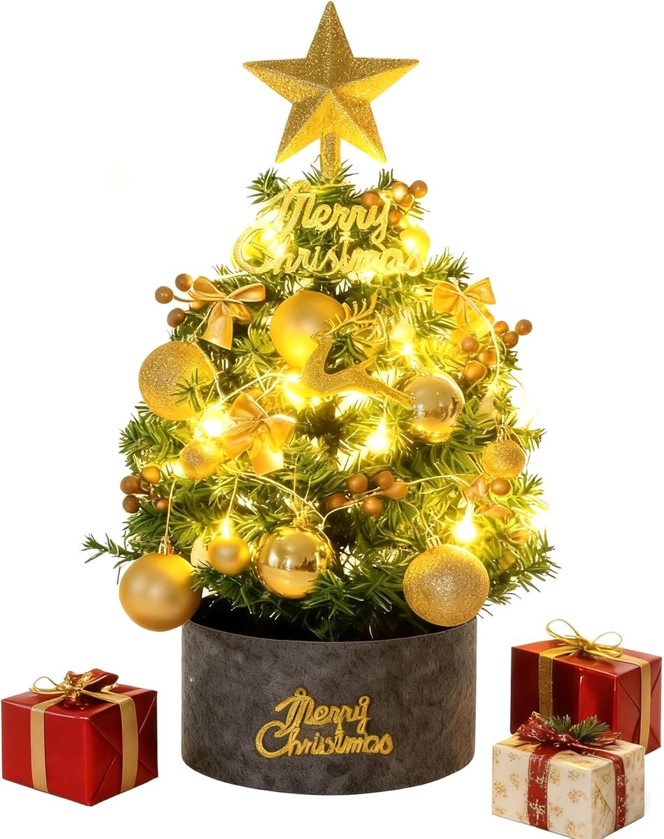 Kerstboom met verlichting, mini-kerstboom, met kerstbal, kerstboompiek, ster, gouden boog, kleine verlichte kerstboom voor feestjes, thuis, kerstdecoratie, hoog 60 cm