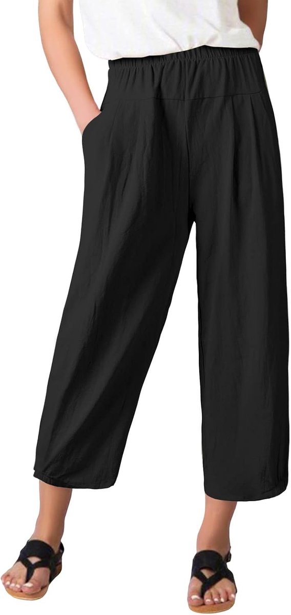 Casual Broek Zomer Katoen Linnen Bijgesneden Broek Brede Pijpen Losse Fit Elastische Taille Broek Harem Lounge Bottoms met Zakken