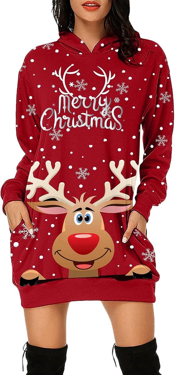 Weihnachtspullover Kleider Damen Rot Weinglas Lang Kapuzenpullover Weihnachten Pullover Sweatshirt Weihnachts Hoodie Lang Baumwolle Sweatkleid Weihnachtskleid Weihnachtspulli Christmas Sweater Frauen