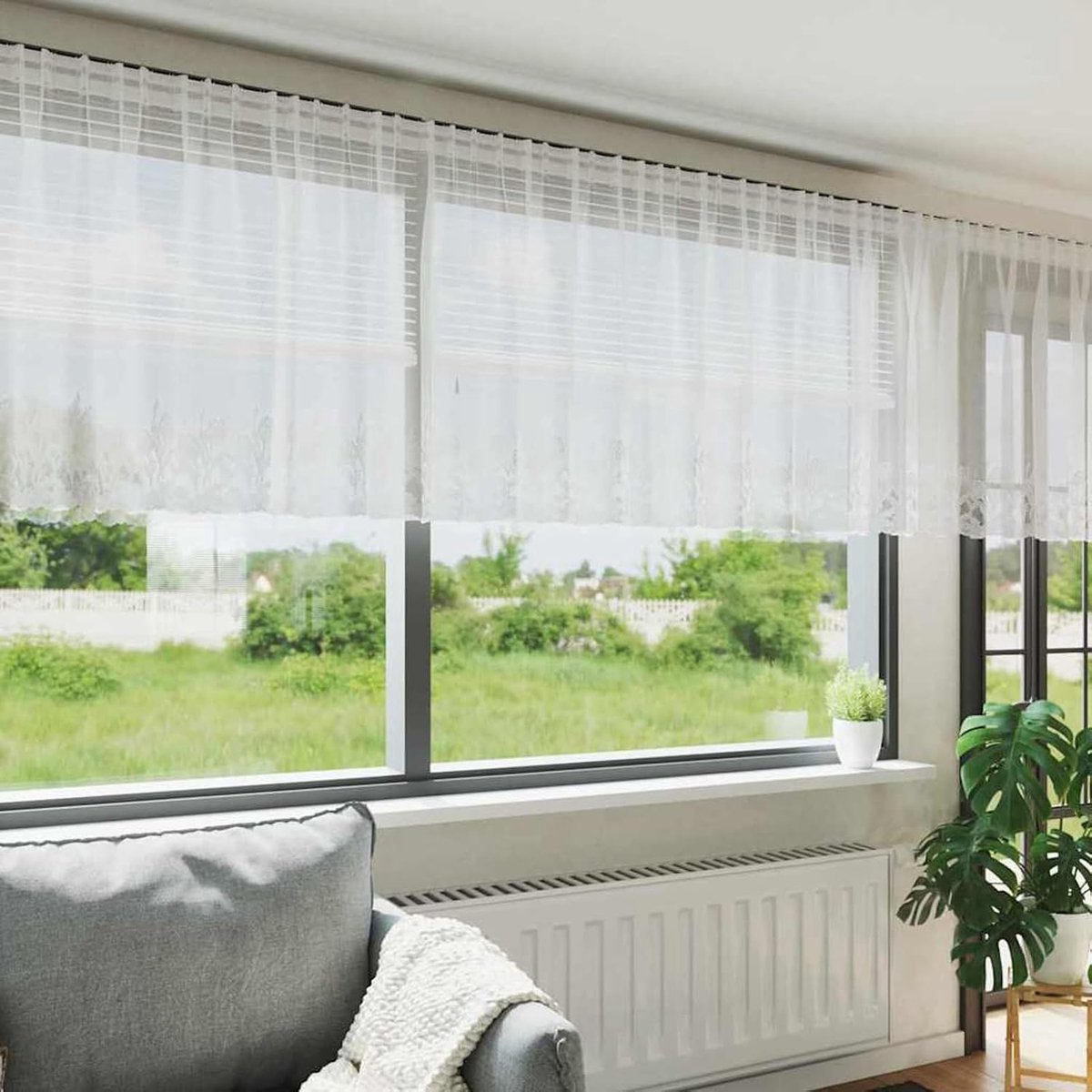 Kanten gordijn met gordijnen bloemen wit 80 x 600 cm polyester, geborduurde voile gordijnen voor landhuisstijl woonkamer slaapkamer bruiloftsdecoratie 4107813