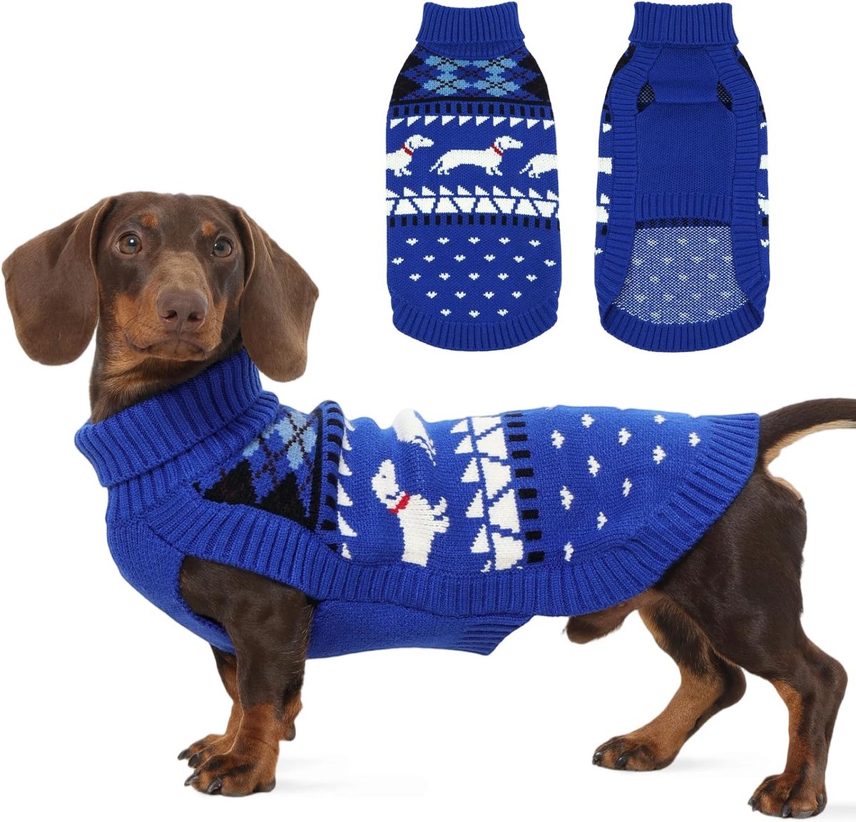 Trui L, schattige hondentrui met teckelpatroon, zachte fleece hondenjas, coltrui voor kleine honden, knus herfst/winter, cadeau, blauw