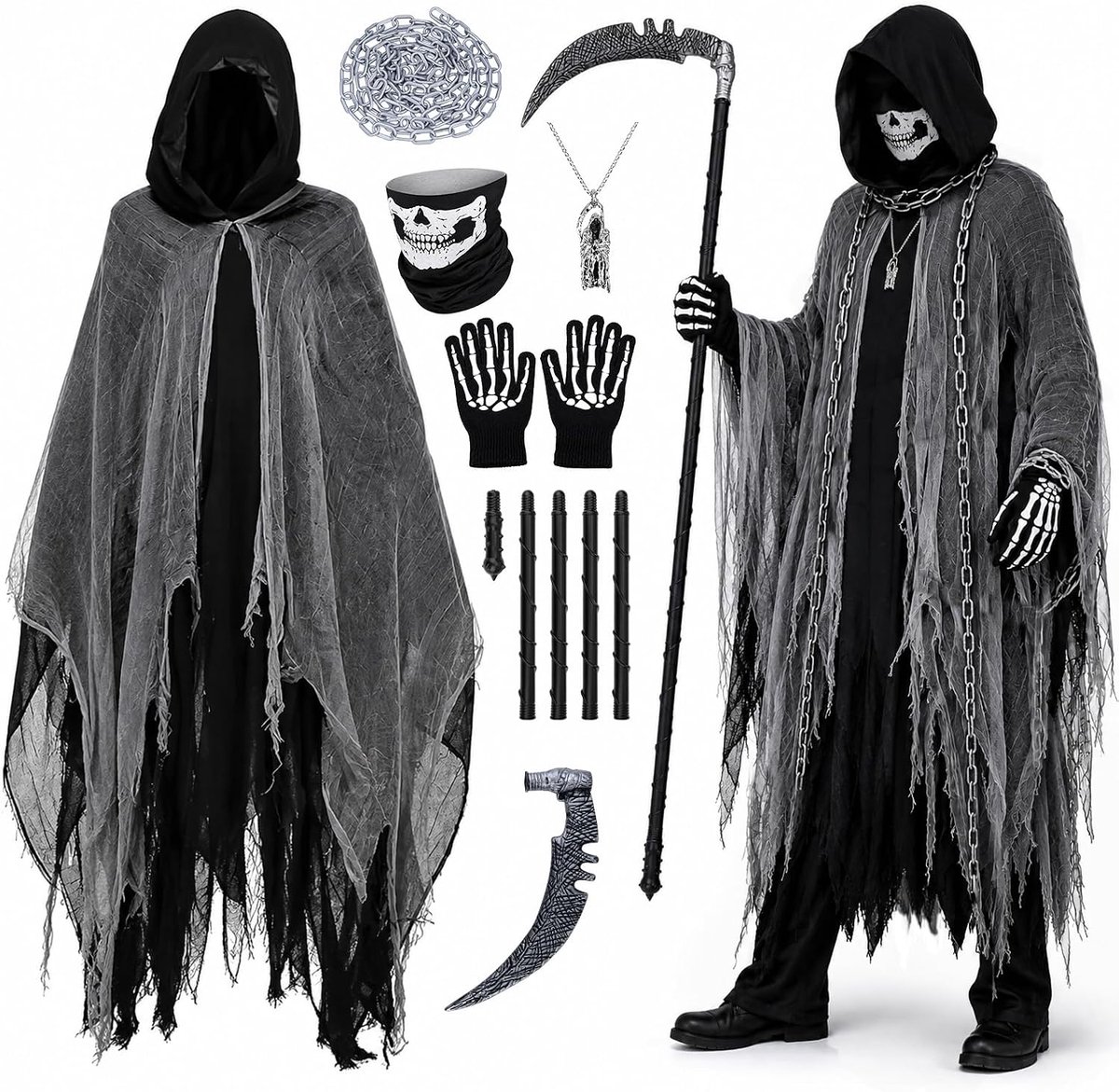 Kostuumset - 6-delig - spooksenmann-cape met masker, Sense & ketting en handschoenen, horror griezelig Halloween-kostuum voor heren, dames, volwassenen en kinderen, 150 cm
