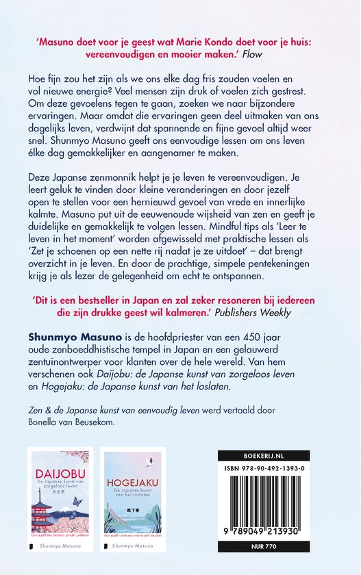 Boekomslag met de titel 'Zen & de Japanse kunst van eenvoudig leven' en pentekeningen van Japanse landschappen.