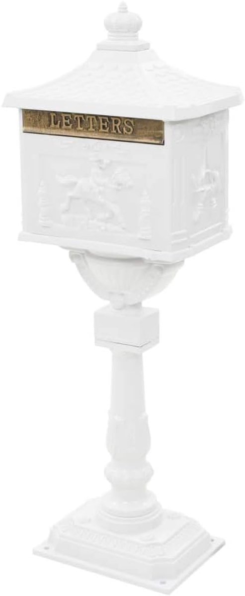 Brievenbus, staande brievenbus, retro-look, roestvrij gegoten aluminium, hoogte 117 cm, voor tuin of entree, wit