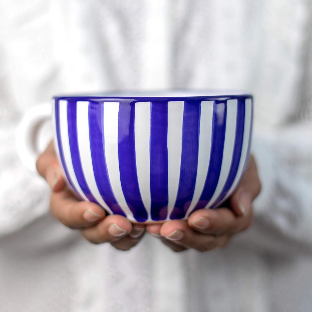 To Cottage Marineblauw Gestreept | Handgemaakt | Keramiek Extra Groot 500ml | Cappuccino Koffie Thee Soep Mokken Koppen Met Handvat | Cadeau