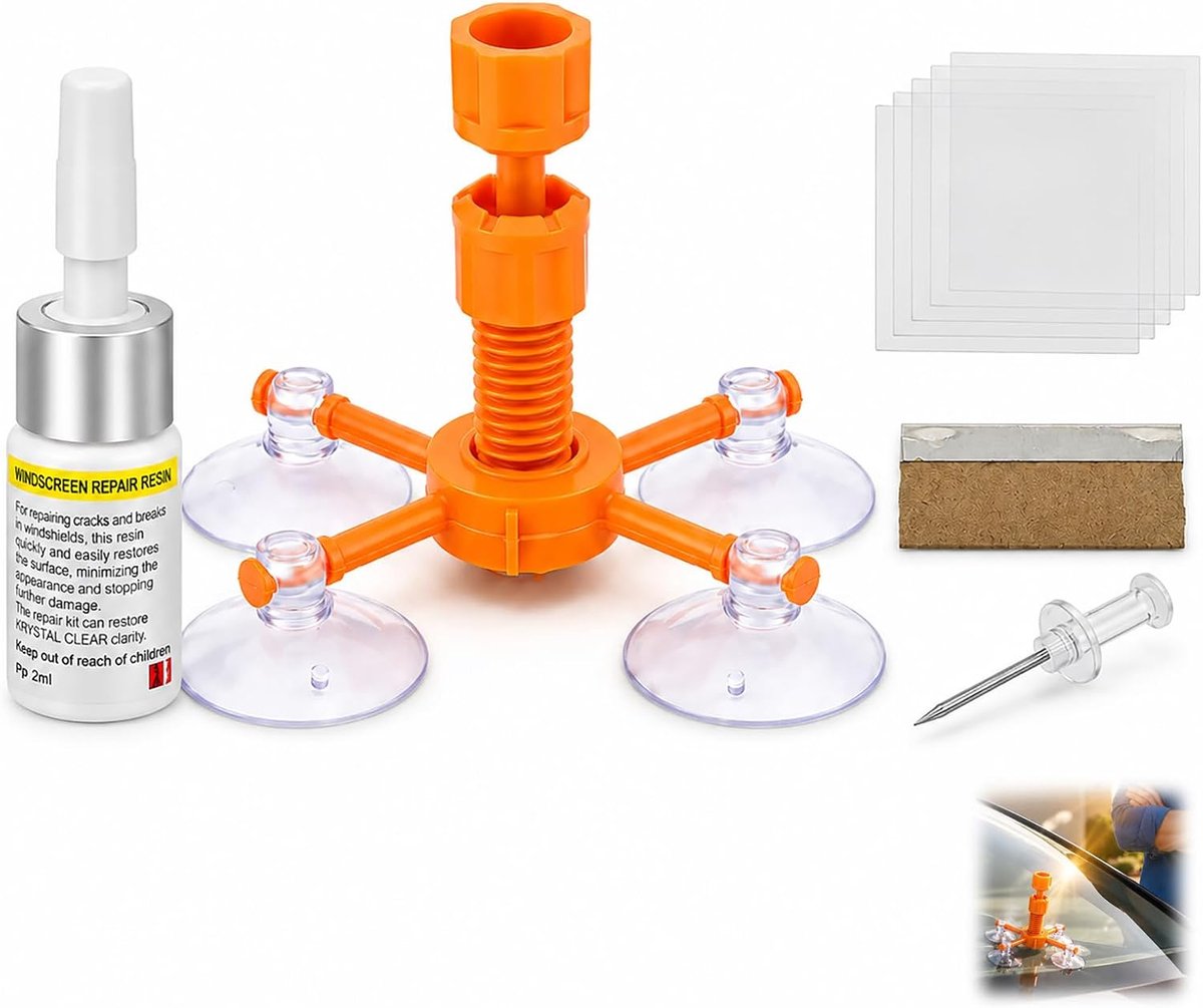 Reparatieset voor voorruit, reparatieset voor voorruit met uv-hars, auto-gereedschap voor splinters, scheuren, impacten, ster en bullseye, 4 voeten, uithardingsfolie, schraper
