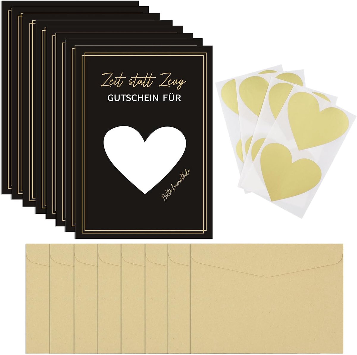 Set van 8 kraskaarten, hartstickers en envelop, gelukskaart, verrassingskaarten, gouden krasstickers, verjaardagskaart voor bruiloft, Valentijnsdag, verjaardag, ansichtkaarten, Kerstmis