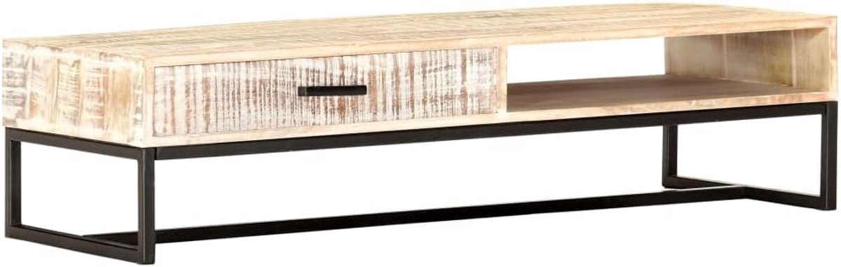 Houten salontafel, wit, 117 x 50 x 30 cm, acacia, met lade en stalen poten, handgemaakte woonkamertafel met robuust tafelblad en open vak voor opslag