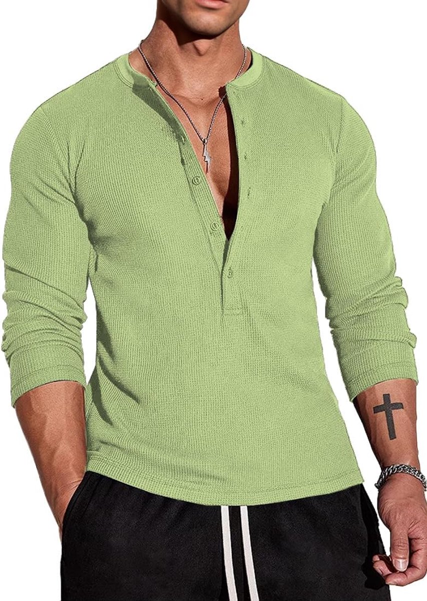 Cmdr Heren wafel-henley-overhemden, Casua Lange Mouwen T-shirt Casual 5-Knoopsluiting, Lange Mouwen Regualar Fit Stijlvol T-Shirt, Thermisch Ondergoed