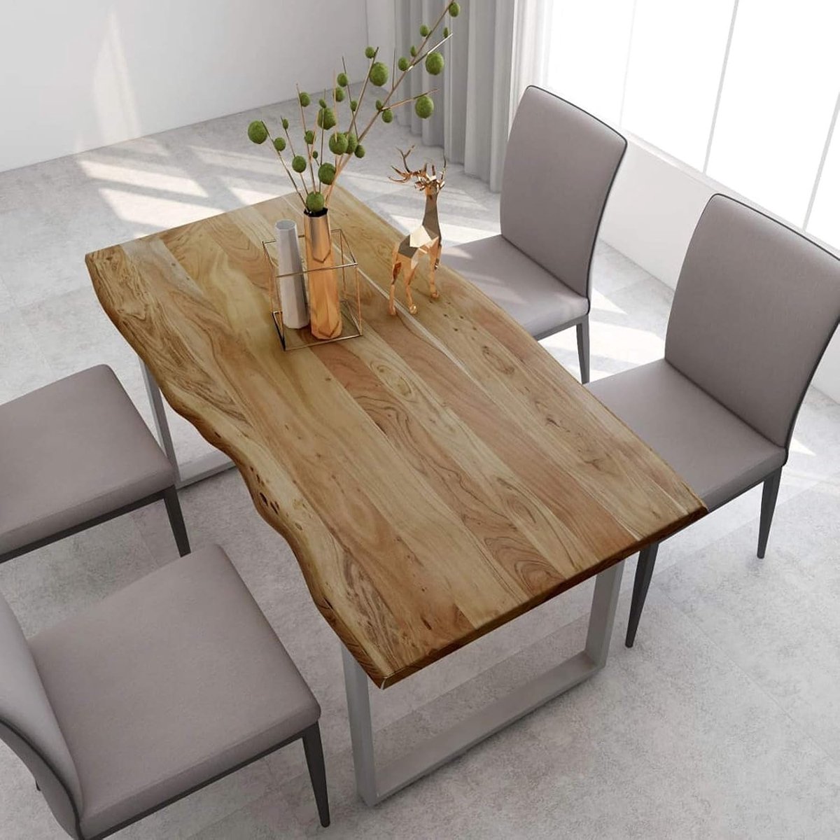 Eettafel met metalen poten, eetkamertafel, houten tafel, keukentafel, massief houten tafel, massief houten meubel, 160 x 80 x 76 cm, massief hout acacia