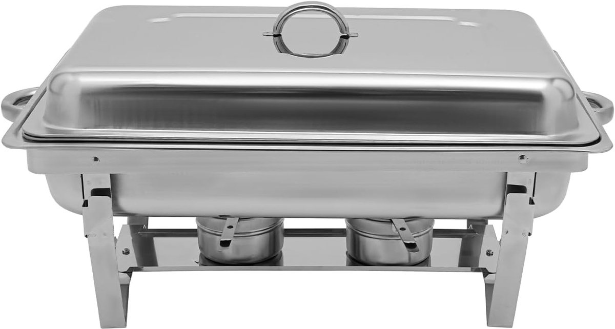 Voedselwarmer, 9 liter, voor catering, chafing, warmtecontainer, roestvrij staal, inklapbaar frame, roestvrij staal, buffetset, zilver, rechthoekig, voor catering, buffet en feest (1 dienblad)