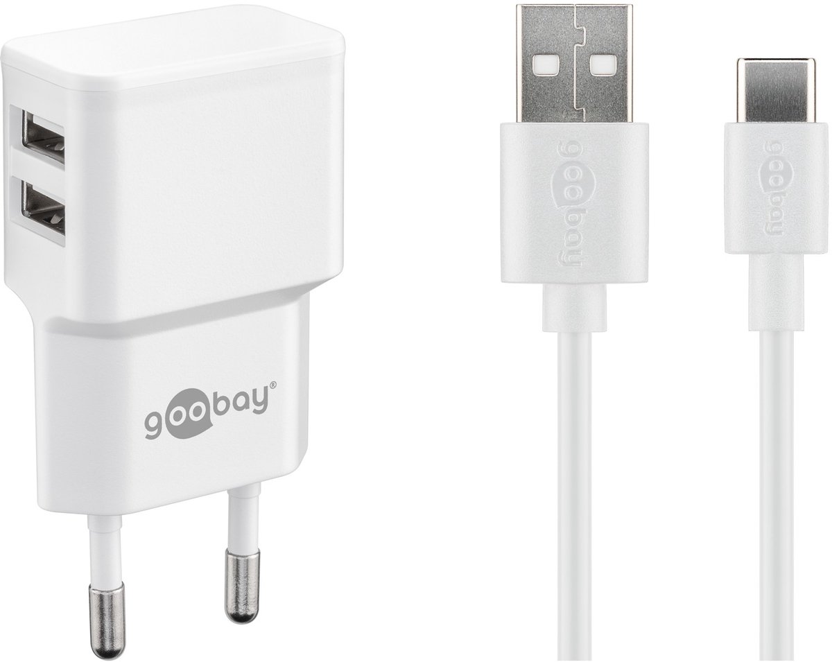 Goobay 12 W USB-C dubbele laadset, Voeding met 2x USB-aansluiting en USB Type-C 1 m kabel (wit)
