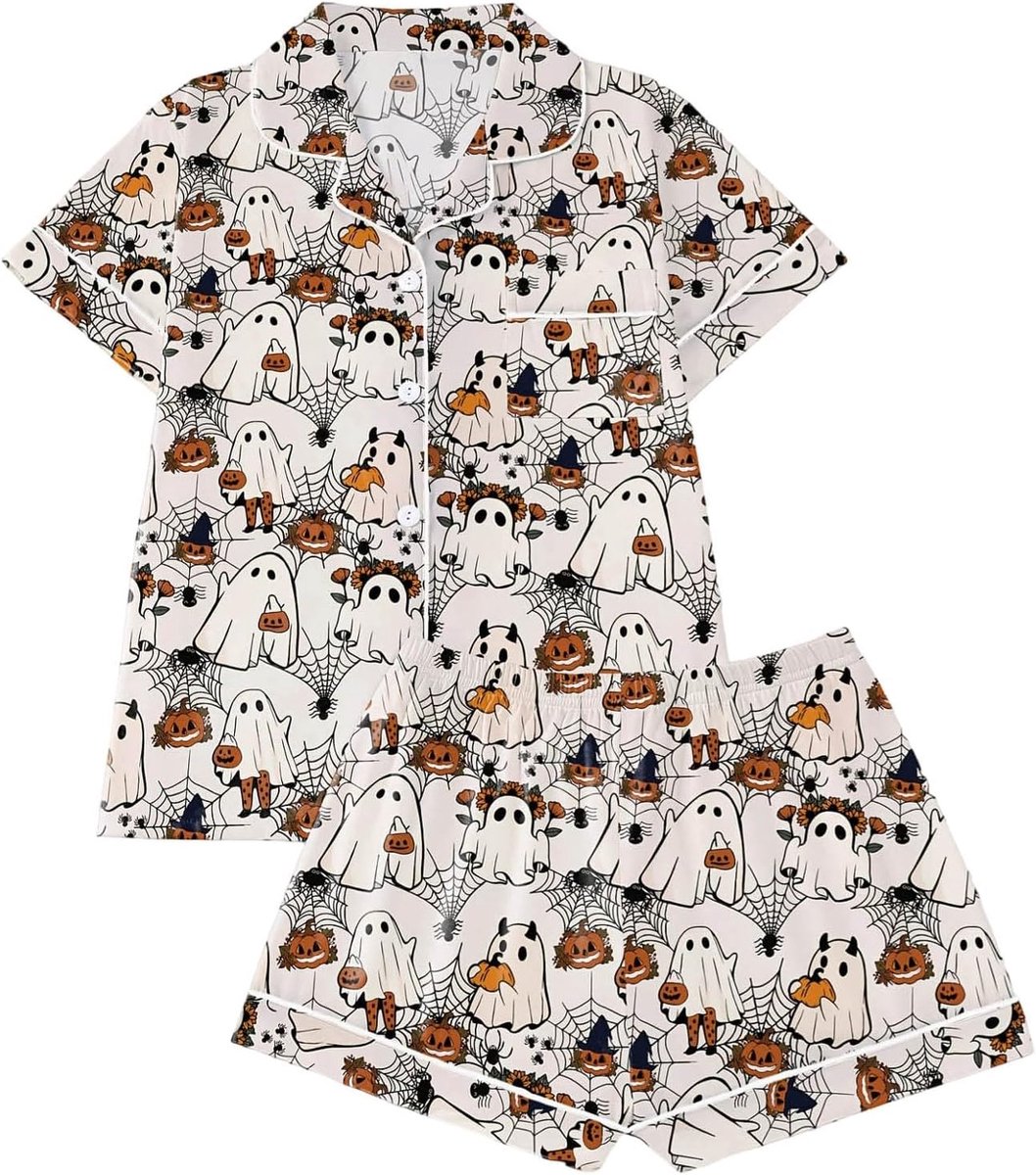 Halloween-pyjamaset voor dames, bovendeel met korte mouwen en knoopsluiting en shorts, comfortabele nachtkleding van satijn voor dagelijks gebruik en vakantie