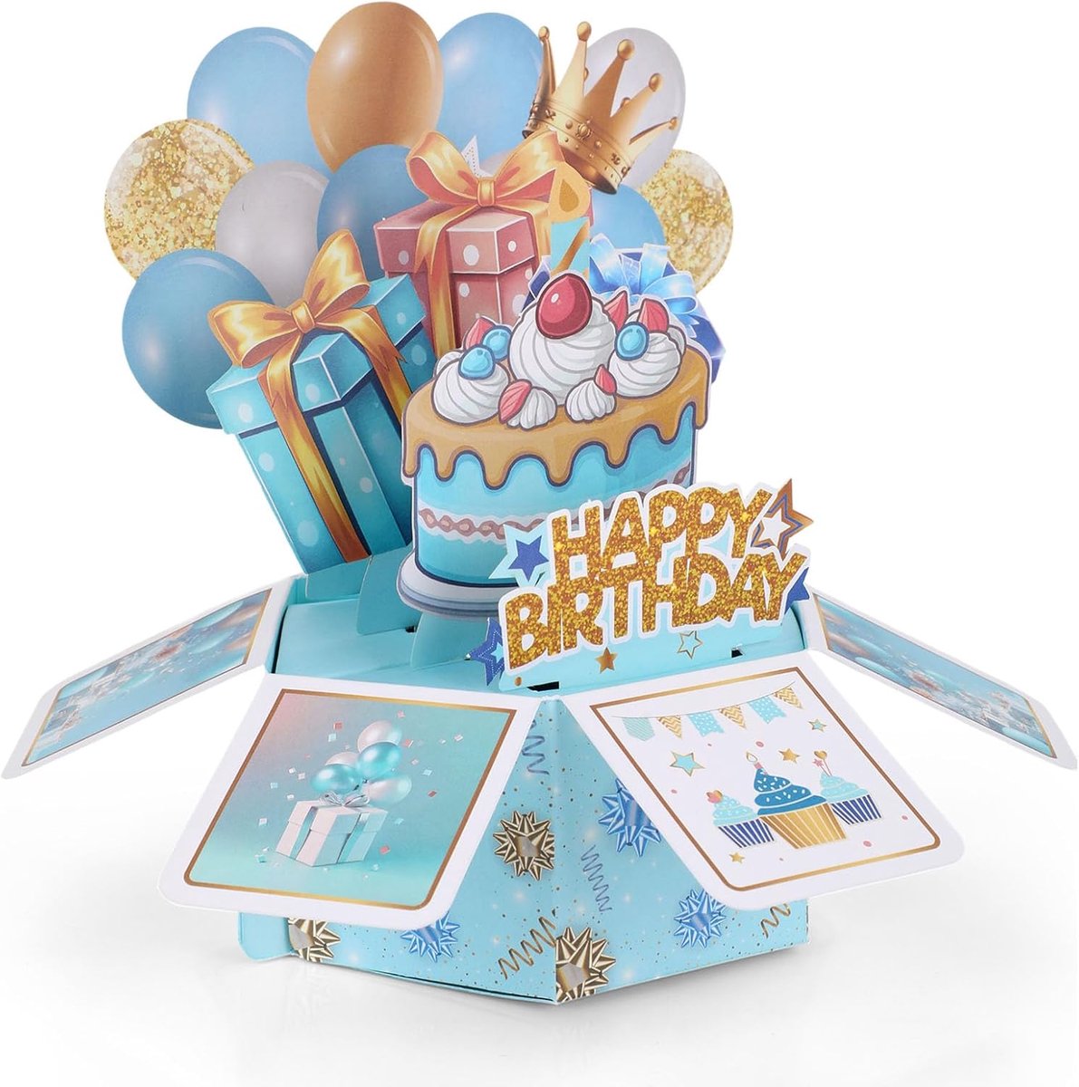 Pop-Upkaart met Verjaardagswensen, Kleurrijke Ballonnen en Taart 3D-Verjaardagskaart met Envelop Creatief 3D-Cadeau Keuze voor Jubileumcadeau (Blauw)