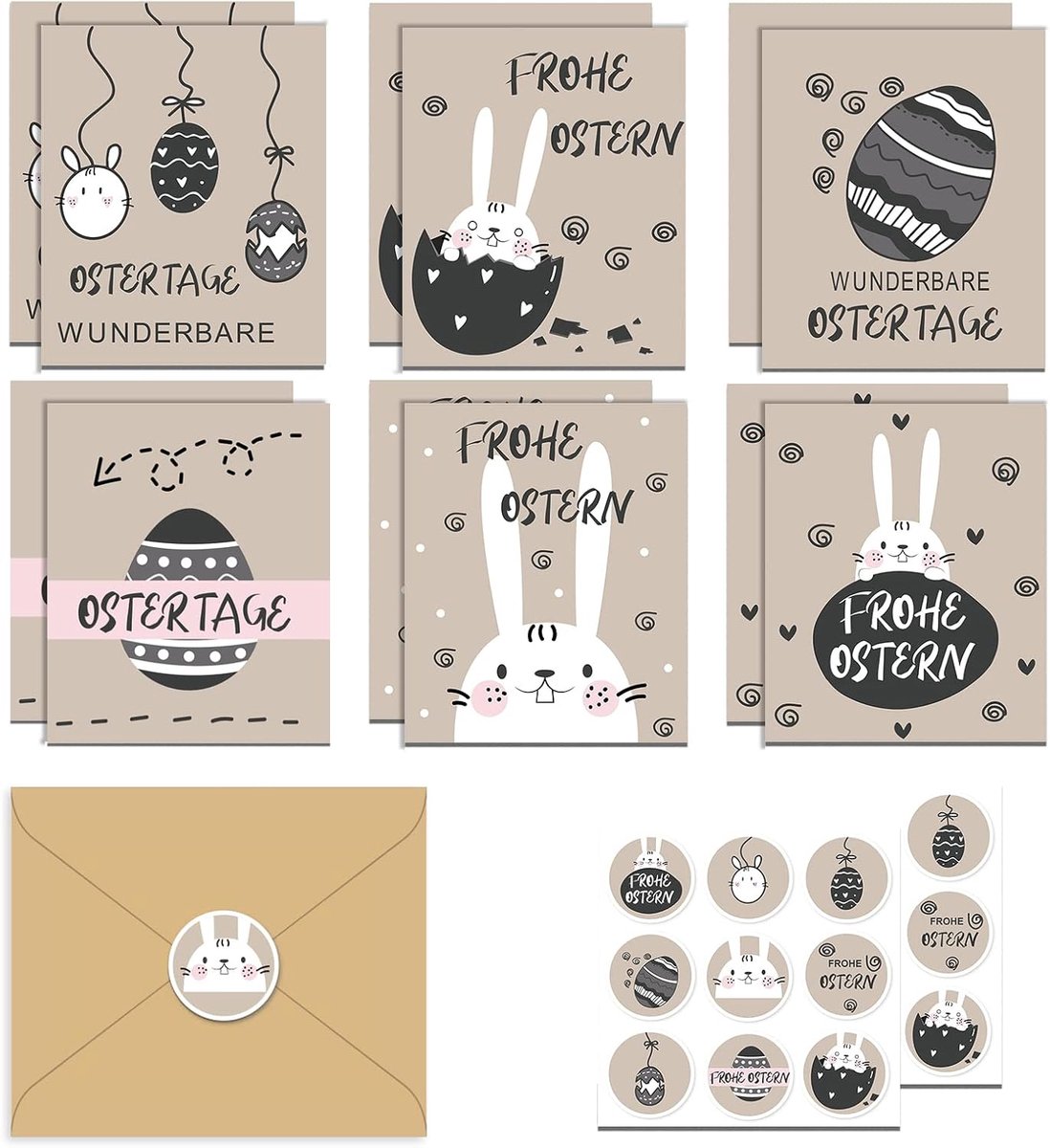 Paaskaarten met omslag, Duits 12, paaskaarten, openklapbaar met stickers, Vrolijk Pasen ansichtkaarten met paashaas en paaseieren, 6 verschillende motieven, elk 2 stuks, groeten voor het gezin