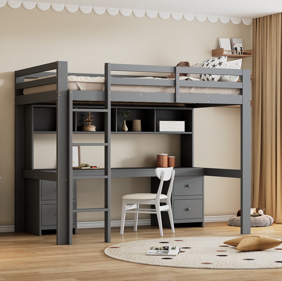 WUVRIE Hoogslaper 90x200 cm met bureau, 4 lades, opbergvakken, ladder en valbeveiliging, grijs