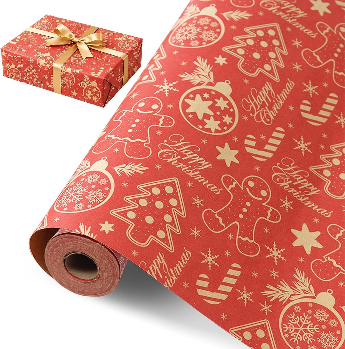 Cadeaupapier voor Kerstmis, rood kerstcadeaupapier, 43 cm x 15 m, cadeaupapier van kraftpapier, kerstcadeaupapierrol, cadeaupapierrollen voor kerstfeesten, cadeaudecoraties