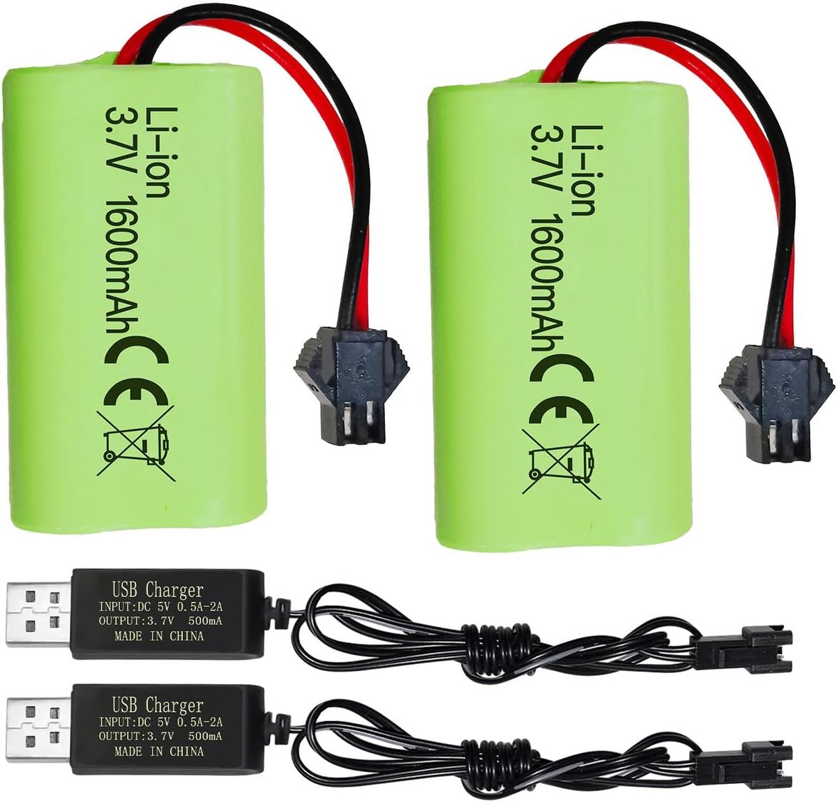 2PCS 3.7V 1600mah Li-ionenbatterij SM-2P Plug met USB-oplaadkabel Geschikt voor 9962 8837 RC Toy Car Battery RC Auto Engineer Truck batterij