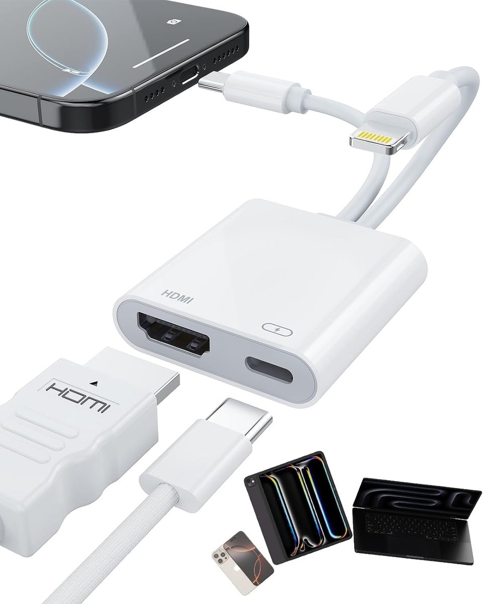 USB-C en Lightning naar HDMI-adapter voor iPhone iPad naar TV [2026 Nieuw, MFi-gecertificeerd], 2 in 1 4K@60Hz Sync-scherm Apple Lightning naar Digitale AV-adapter voor MacBook, iPhone 16/15, iPad