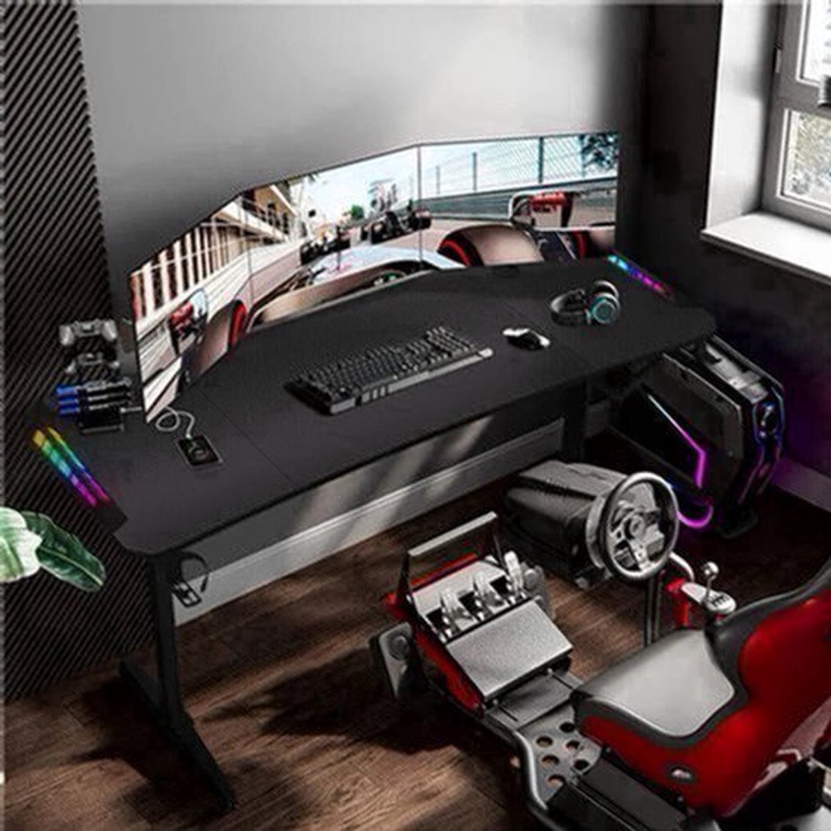 Groot laptopcomputerbureau - 160CM - Rechthoekig staand bureau - Gaming en thuiskantoor - In hoogte verstelbaar - met houder - Ergonomische kantoorlifttafel - Zwart