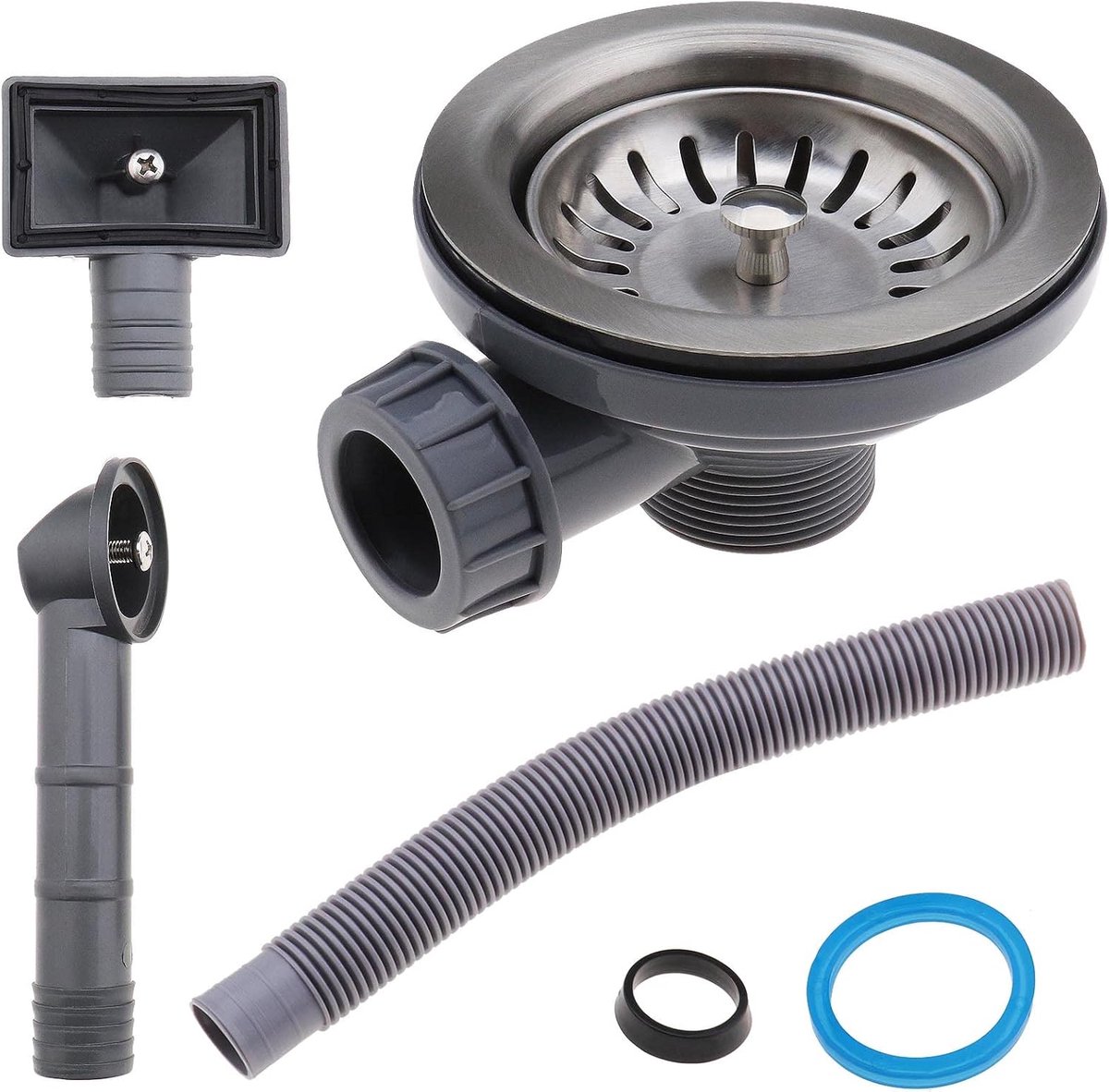 Lord of the Tools Set van 3 Gootsteen Collectie Metalen Gootsteen Afvoer Zeef Stopper Afvalplug Kit met Vierkante en Ronde Overloop Deksels Keuken Gootsteen Accessoire 120mm voor 4,6 cm Gootsteen