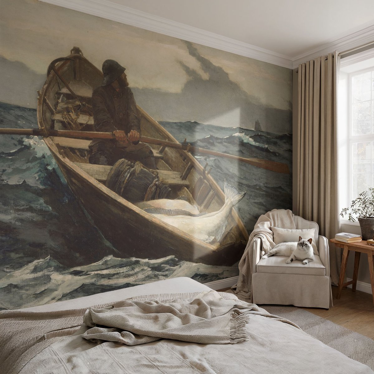 Coloray Vliesbehang - Grijs Snellijm Behang - 104x70 cm - Visser Op Zee Muurschildering - Slaapkamer behang Landschappen - Fotobehang Vlies - Gang behang