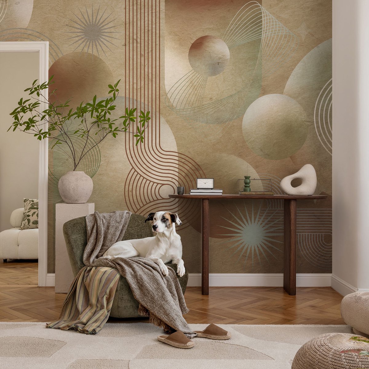 Coloray Vliesbehang - Beige Snellijm Behang - 104x70 cm - Geometrisch Patroon Fotobehang Vlies - Hal behang Abstractie - Muurschildering - Hal behang